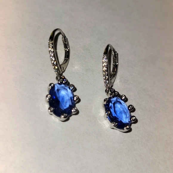 Jewelry - NWOT Lab Created Blue Sapphire Rhodium Plating Drop Stone Clasp Earrings